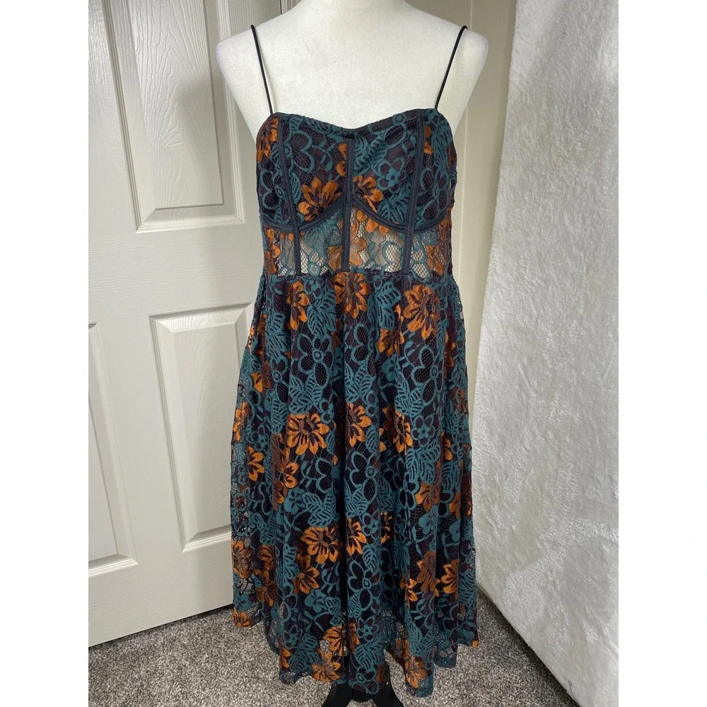 Lace Midi Dress Floral Print Sleeveless Party‎ Cocktail Dress Size L Fairy Goth